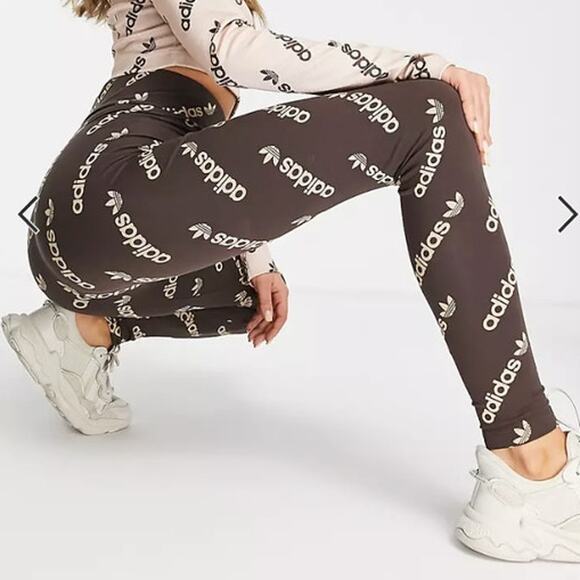 Adidas Originals Logomania Repeat Logo Monogram Leggings Tights in Brown Pants - Picture 2 of 11